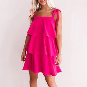 NEW Entro Hot Pink Layered Keyhole Back Tie Strap Mini Shift Dress Sz Medium
